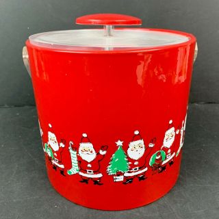 Vintage Mid Century Modern Christmas Ice Bucket Grumpy Happy Santa Red Vinyl