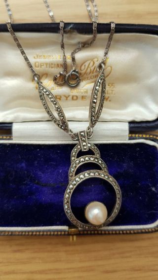 61 Antique Art Deco Silver Marcasite Pearl Necklace