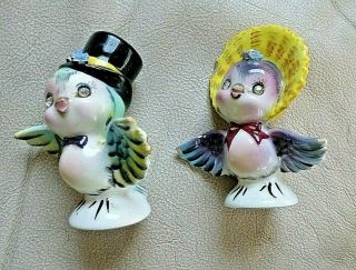 Lefton Anthropomorphic Blue Bird Couple Jeweled Eyes Salt Pepper Shakers Vintage