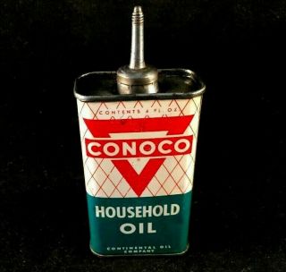 Vintage Conoco Household Oil Handy Oiler Lead Top Rare Old Advertising Tin Can