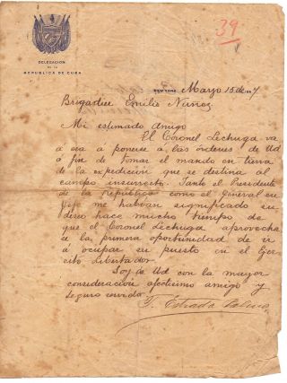 Cuba 1897 Document Signed By Tomas Estrada Palma In York 1st Cuban President