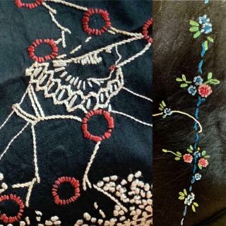 Vintage Embroidered Art Deco Table Cloth Black Red Trim Woman Lanterns Flowers