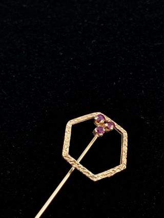 Vintage 14k Yellow Gold Stick Pin W/ Three Red Stones,  Textured Surface