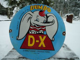 Vintage 1942 D - X Motor Fuel Porcelain Enamel Gas Pump Sign Dumbo