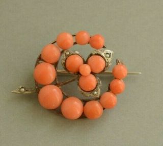Antique Victorian Natural Mediterranean Coral Seed Pearls Honey Moon Brooch Pin