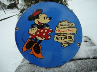 Old 1933 Sunoco Motor Oil Porcelain Enamel Gas Pump Station Sign Minnie Mouse