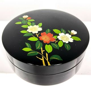 Vtg Set Of 6 Otagiri Handcrafted Black Lacquerware Floral Coasters