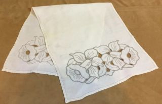 Vintage Dresser Scarf,  Flower & Leaf Embroidery With Cut Work,  Linen,  Beige