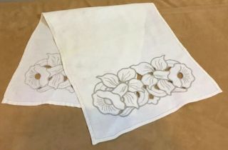 Vintage Dresser Scarf,  Flower & Leaf Embroidery With Cut Work,  Linen,  Beige 3