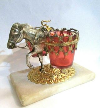 Antique Palais Royal Silver Gilt Dore Donkey Cranberry Glass Thimble Holder 19c