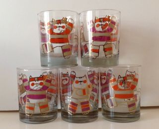 Vintage Couroc Whimsical Aerobic Cat Cocktail Lo Ball Rocks Glasses Set Of 5