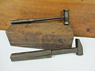 2 Unusual Old Antique Hammer Mallet Primitive Cast Iron Forged Wood Handle H380