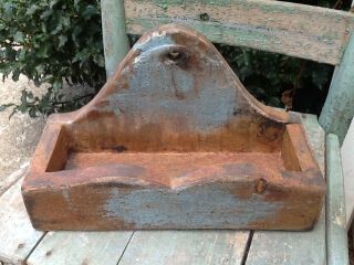 Primitive Wooden Hanging Candle Wall Box Blue Paint Antique Inspired