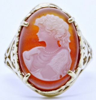 10k Solid Yellow Gold Carved Red Carnelian & Agate Left Facing Cameo Ring Size 8