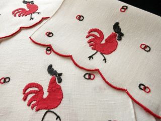 Modernist Red Roosters Vintage Madeira Hand Embroidered 6 Linen Cocktail Napkins