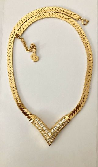 Vintage Christian Dior Necklace Gold V Rhinestones Herringbone Necklace