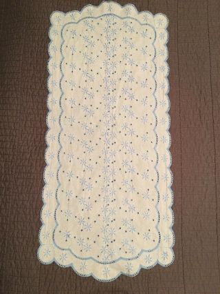 Vintage Embroidered Table Runner/dresser Scarf White Cotton With Blue Flowers
