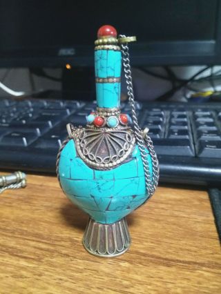 Tibetan Silver Inlaid With Turquoise Hand - Carved Chinese Dragon Snuff Bottle
