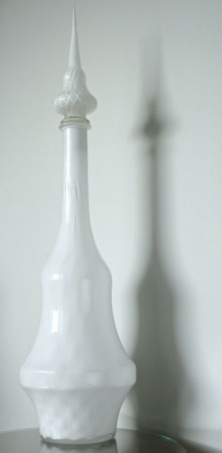 Vintage Tall Empoli Italy Art Glass Genie Bottle & Stopper White 25.  5 "