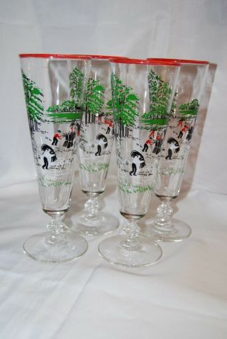4 Vtg Mid - Century Pilsner Beer Glasses Farm Scene Libbey Glass Currier & Ives