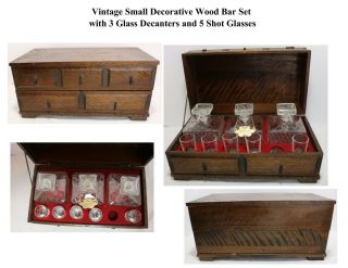 Vintage Small Decorative Wood Bar Set,  With 3 Glass Decanters And 5 Shot Glasses