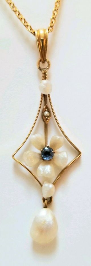 Vintage 14k Ceylon Sapphire Mississippi River Pearls Lavelier Pendant Necklace