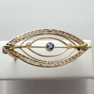 Art Nouveau 14k Gold Natural Sapphire Seed Pearl Eye Shape Brooch Pin