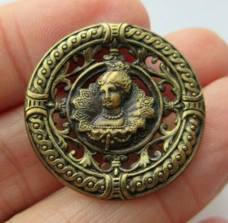 Antique Vtg Victorian Metal Picture Button Ladies Head Queen 1 " (k)