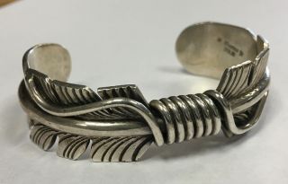 Vintage Navajo M Thomas Jr Sterling Silver Feather Cuff Bracelet 58.  3g