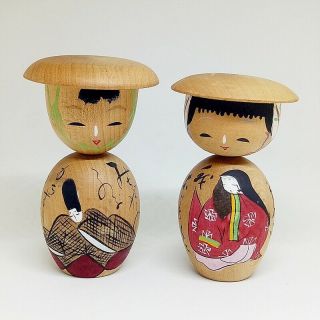 Set Of 2 Japanese Vintage Wooden Kokeshi Doll 8cm 7cm / Man Woman Signed
