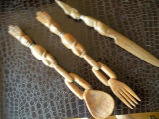 African Primitive Fork Spoon Knife Hand Carved Wood Folk Art Salad Set D16