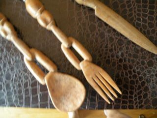 African Primitive Fork Spoon Knife Hand Carved Wood Folk Art Salad Set D16 3