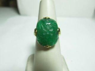 1930s 14k Solid Gold Ring W/ Hand Carved Rich Green Natural Chrysoprase
