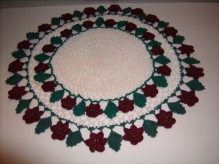 Vintage Hand Crocheted Doily Set Of 2 Red,  Green And White 18 " And 12 " Round