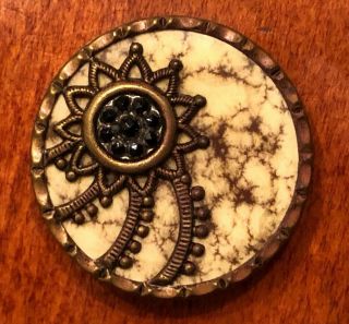 Outstanding Large Antique Victorian Celluloid & Metal Button W/ Black Glass