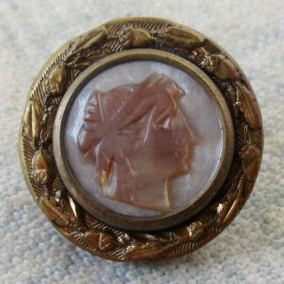 11/16 " Antique Stamped Brass Button W Carved Mother Of Pearl Head,  Acorn Border