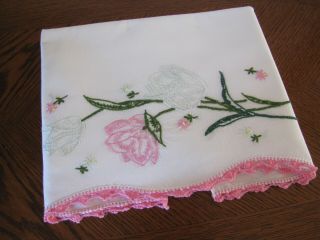 Vintage Single Pillowcase Embroidered A Garland Of Tulips & Asters Exquisite