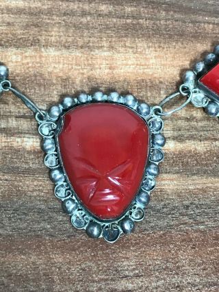 Del Rio Vintage Sterling Silver Red Ornate Mayan Mask 18.  5 " Necklace Mexico Fast