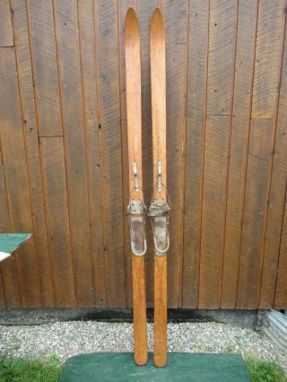 Vintage Wooden 84 " Long Skis Old Blond Finish With Metal Bindings