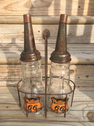 Phillips 66 Glass Motor Oil Bottles With Metal Carrier Carrying Display Rack