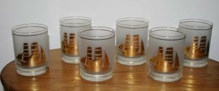 Vintage Culver Barware Double Old - Fashioned Frosted Gold Clipper Ships Set Of 6