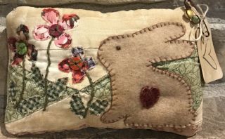 Primitive Bunny Rabbit & Flowers Shelf Pillow - Made From Vintage Quilt