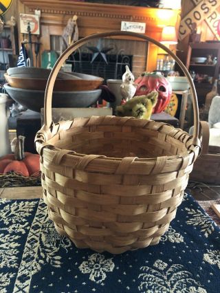 Vintage Round Gathering Primitive Oak Splint Handled Basket Barn Find