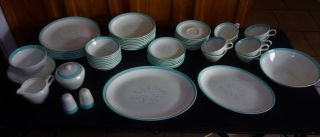 Vintage Century Service Corp Turquoise Scroll China Dishes 57pc Set