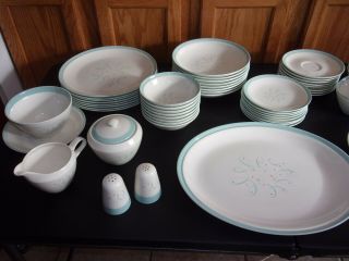 Vintage Century Service Corp TURQUOISE SCROLL China Dishes 57pc Set 2