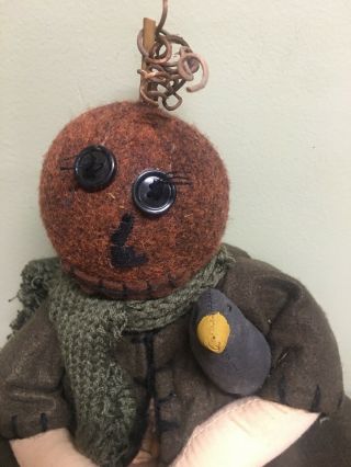 Primitive Grungy Pumpkin Scarecrow Doll With Crow Fall Halloween Harvest 19”