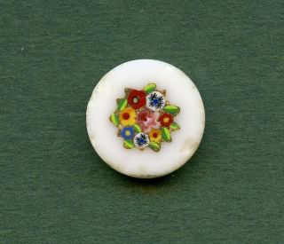 Gorgeous White Glass Button - - Colorful Flowers - - Inlay Or Mosaic - - 5/8 "