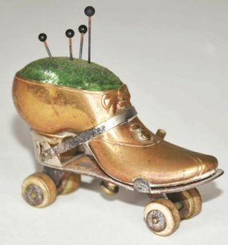 Antique German Brass Roller Skate Wind - Up Figural Tape Measure - 2 - 1/2 " L