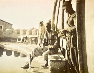 1900s Israel Antique Photo Of Man With Water Pipe At Pool Of Elisha Jericho