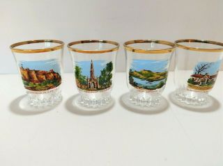 Scotland Souvenir Historic Scenes Shot Glasses Set Of 4 Hand Painted Gold Trim